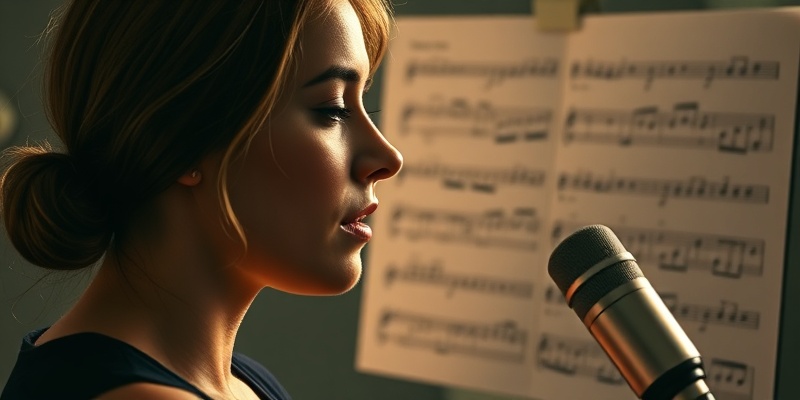 Chanteuse qui travaille sa technique vocale devant un micro