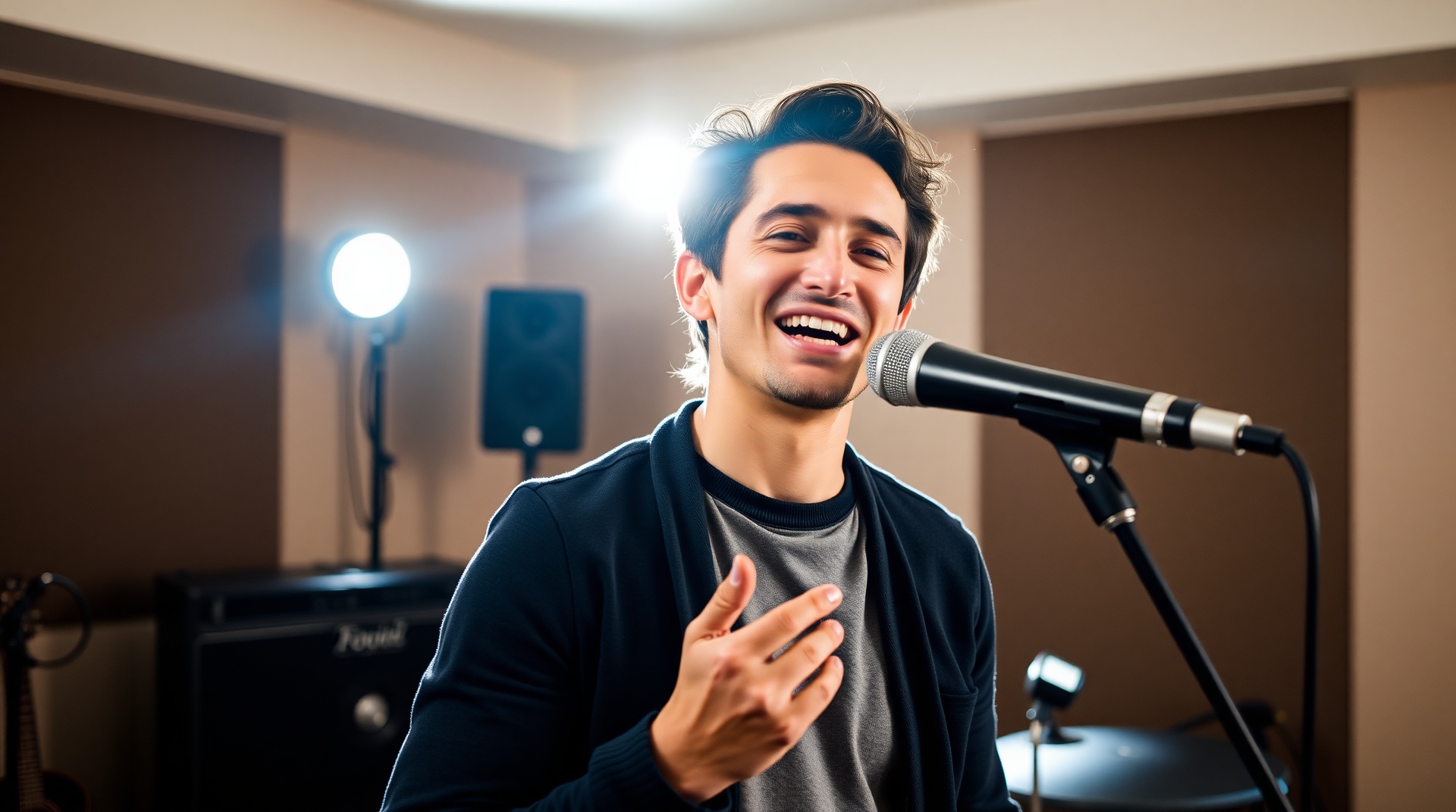 Chanteur en studio d'enregistrement, micro devant lui